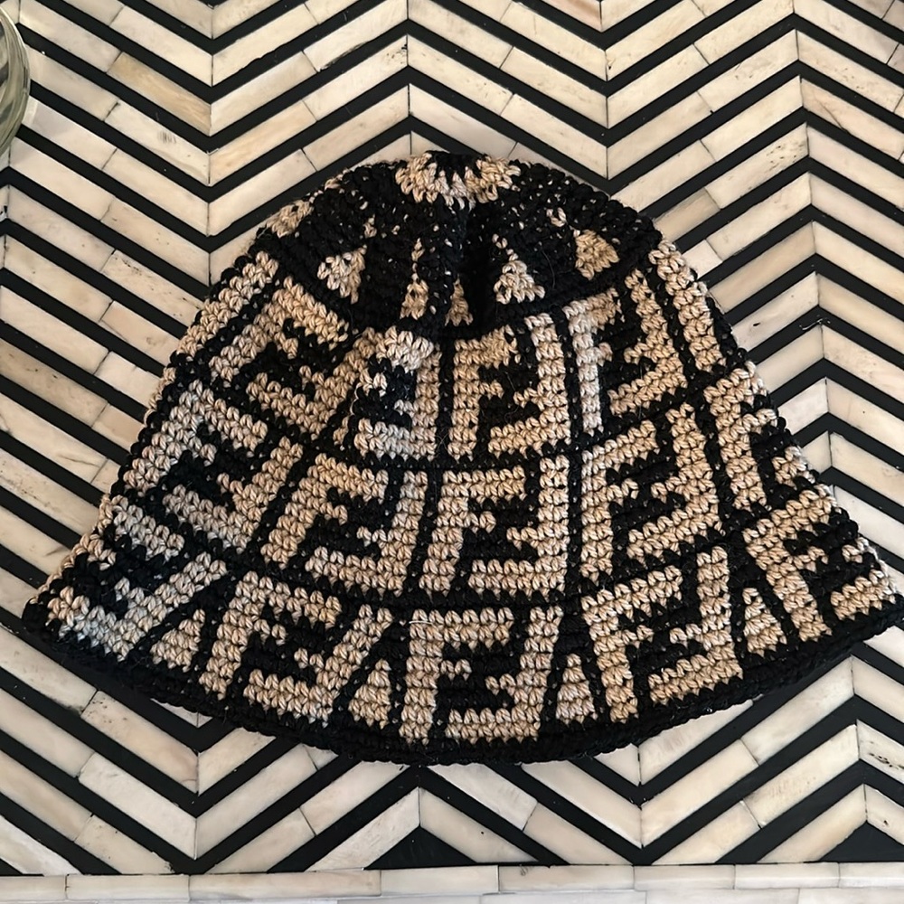 Fendi Black and Cream Crochet FF Bucket Hat